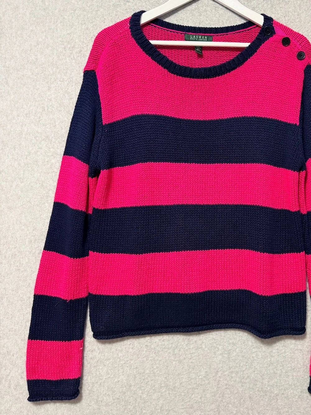 Lauren Ralph Lauren Bold Stripe Sweater Size XL Pink Navy Button Shoulder Preppy
